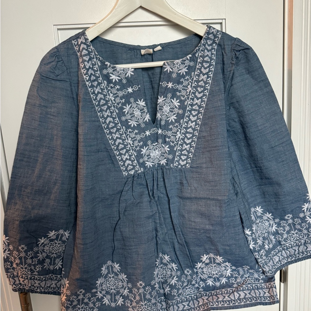 GAP Blue Denim Blouse with White Embroidery